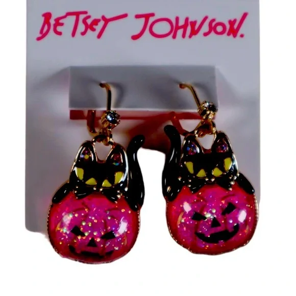 New Betsey Johnson Faux Stone Cat Pumpkin Drop Earrings - Picture 2 of 8